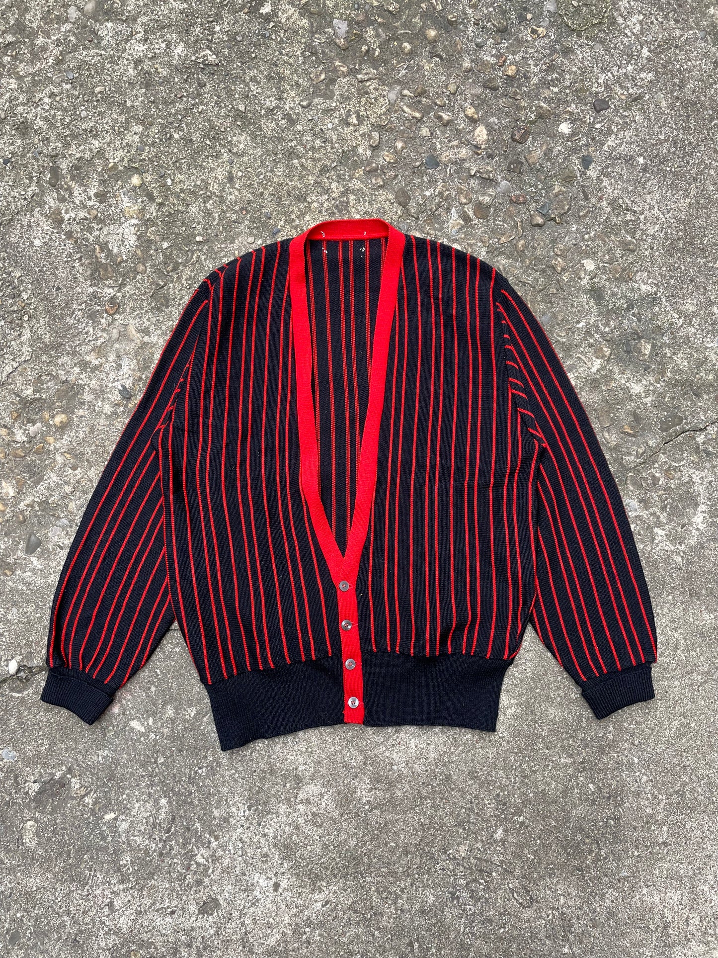 1960's Red & Black Striped Knit Cardigan - L