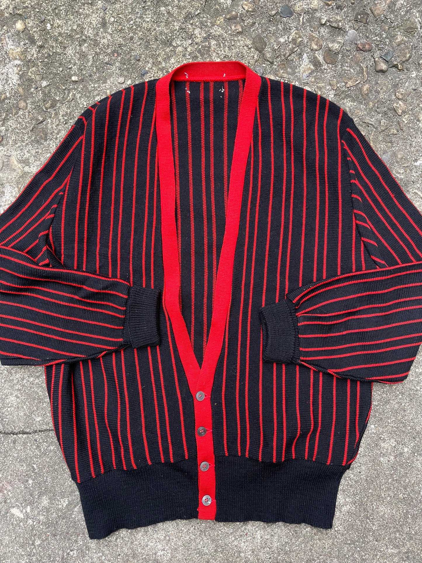 1960's Red & Black Striped Knit Cardigan - L