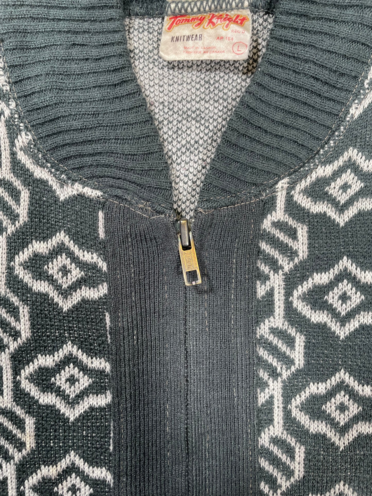 1970's Tommy Knight Knitwear Patterned Knit Zip Cardigan Sweater - L