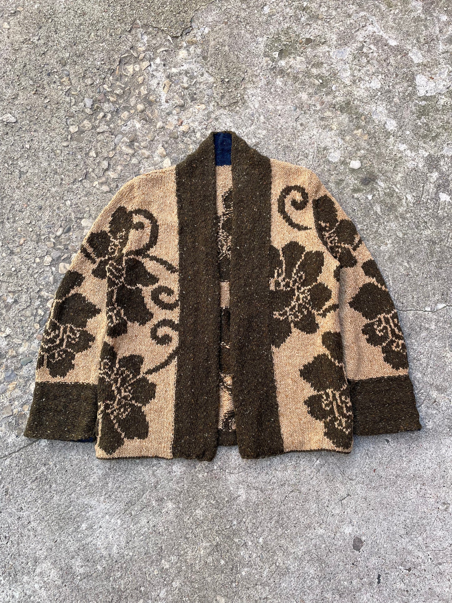 Hand Knit Floral Intarsia Cardigan Sweater - L
