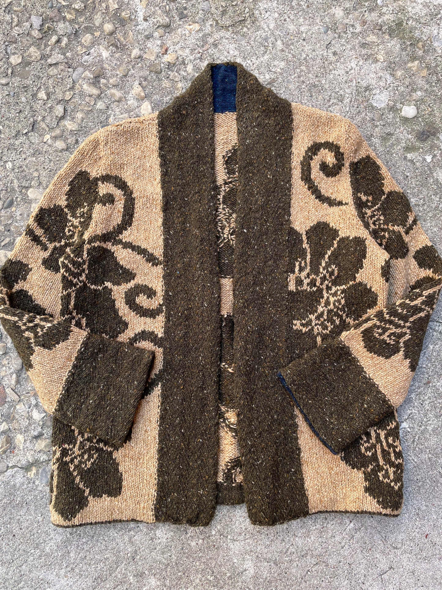 Hand Knit Floral Intarsia Cardigan Sweater - L