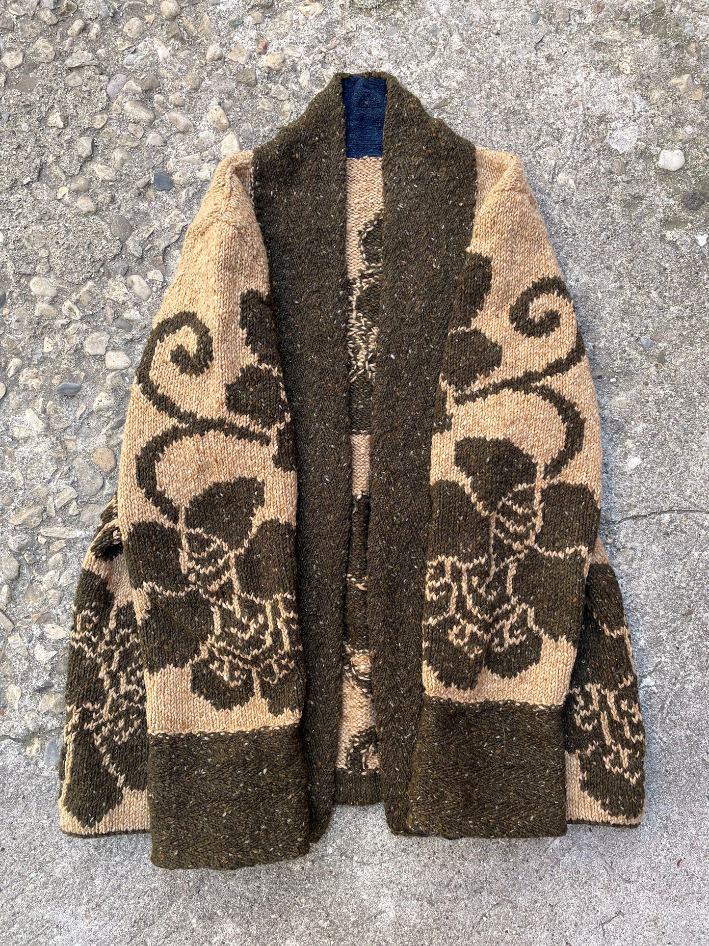 Hand Knit Floral Intarsia Cardigan Sweater - L