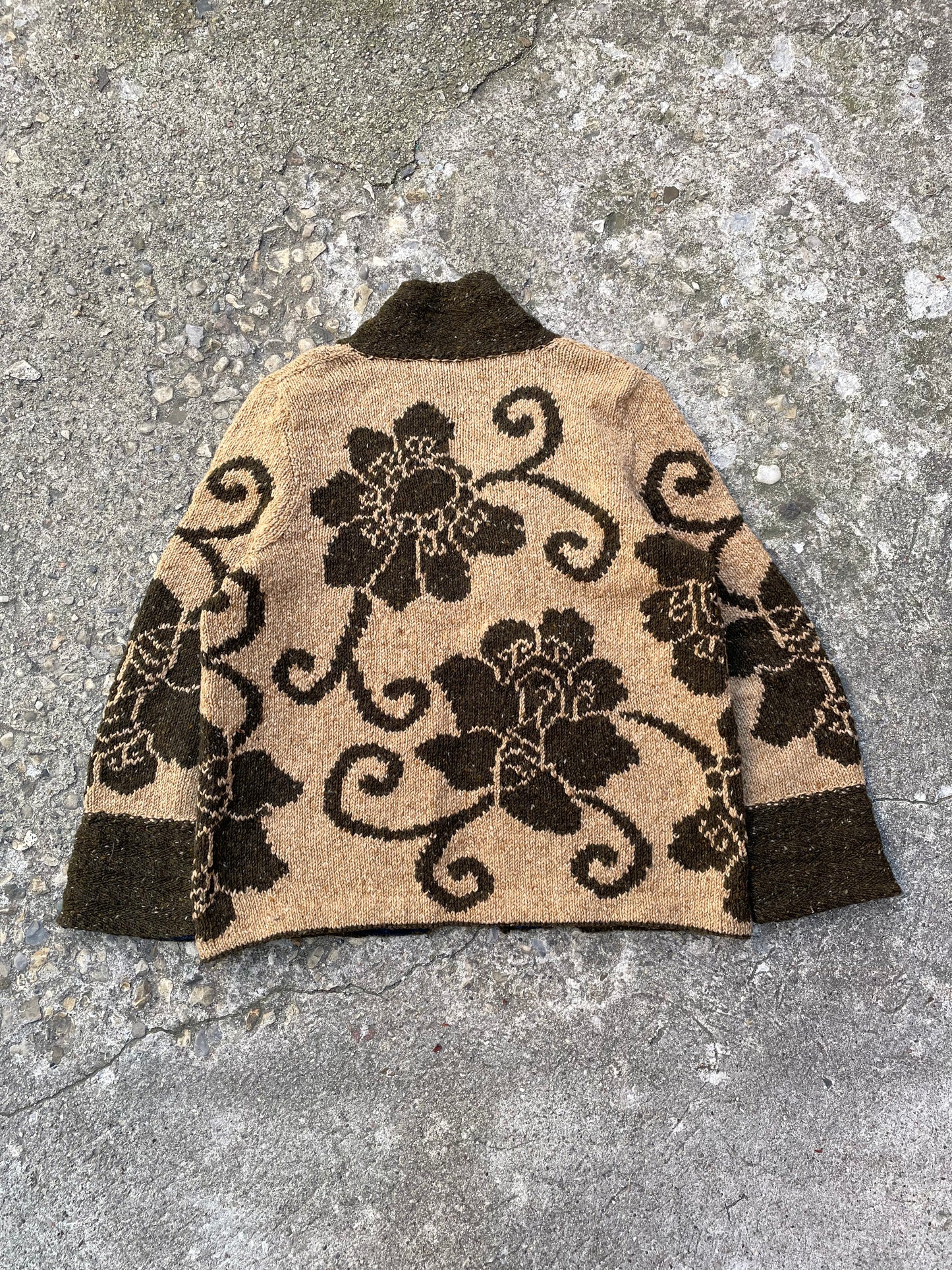 Hand Knit Floral Intarsia Cardigan Sweater - L
