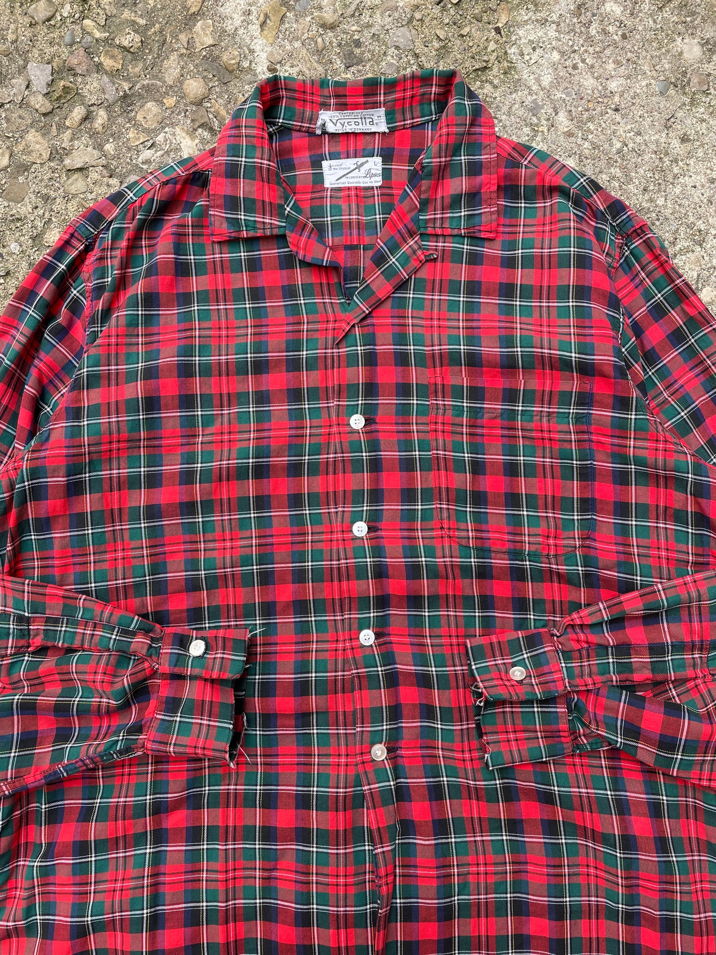 1960's Lispon Cotton Plaid Loop Collar Flannel Button Up Shirt - L