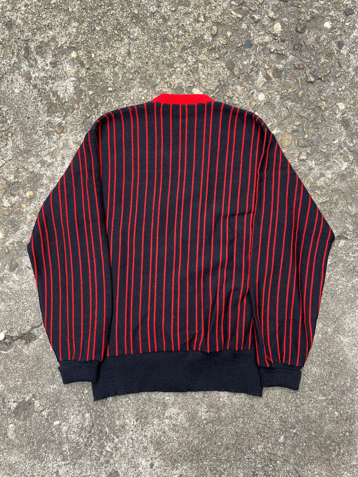 1960's Red & Black Striped Knit Cardigan - L