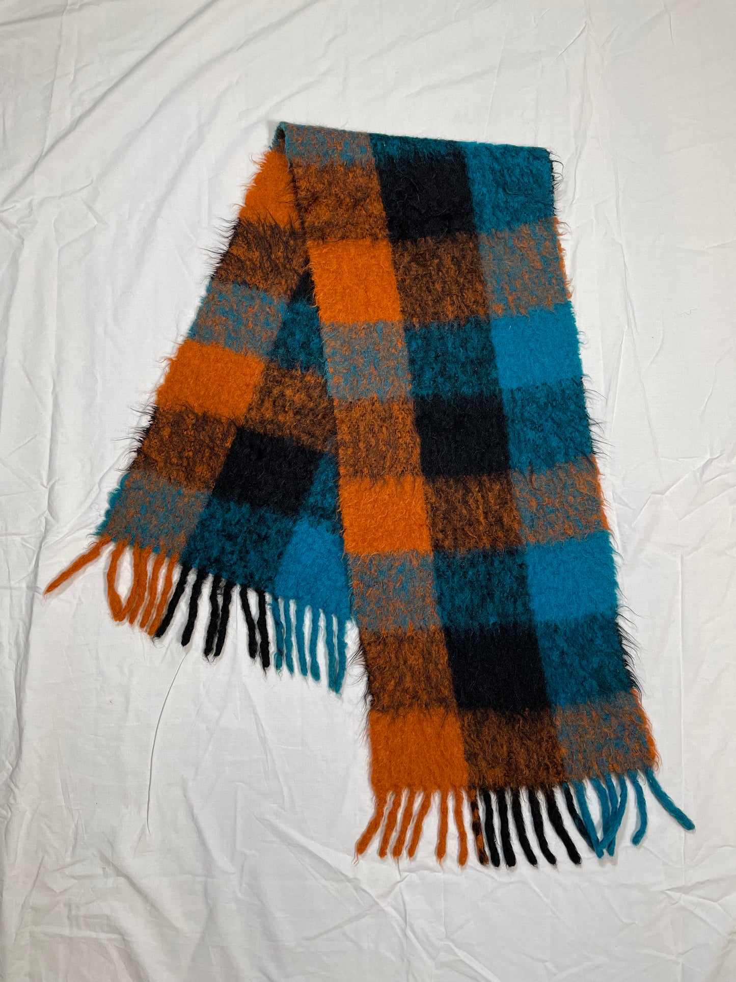 1970's Blue & Orange Plaid Mohair Scarf