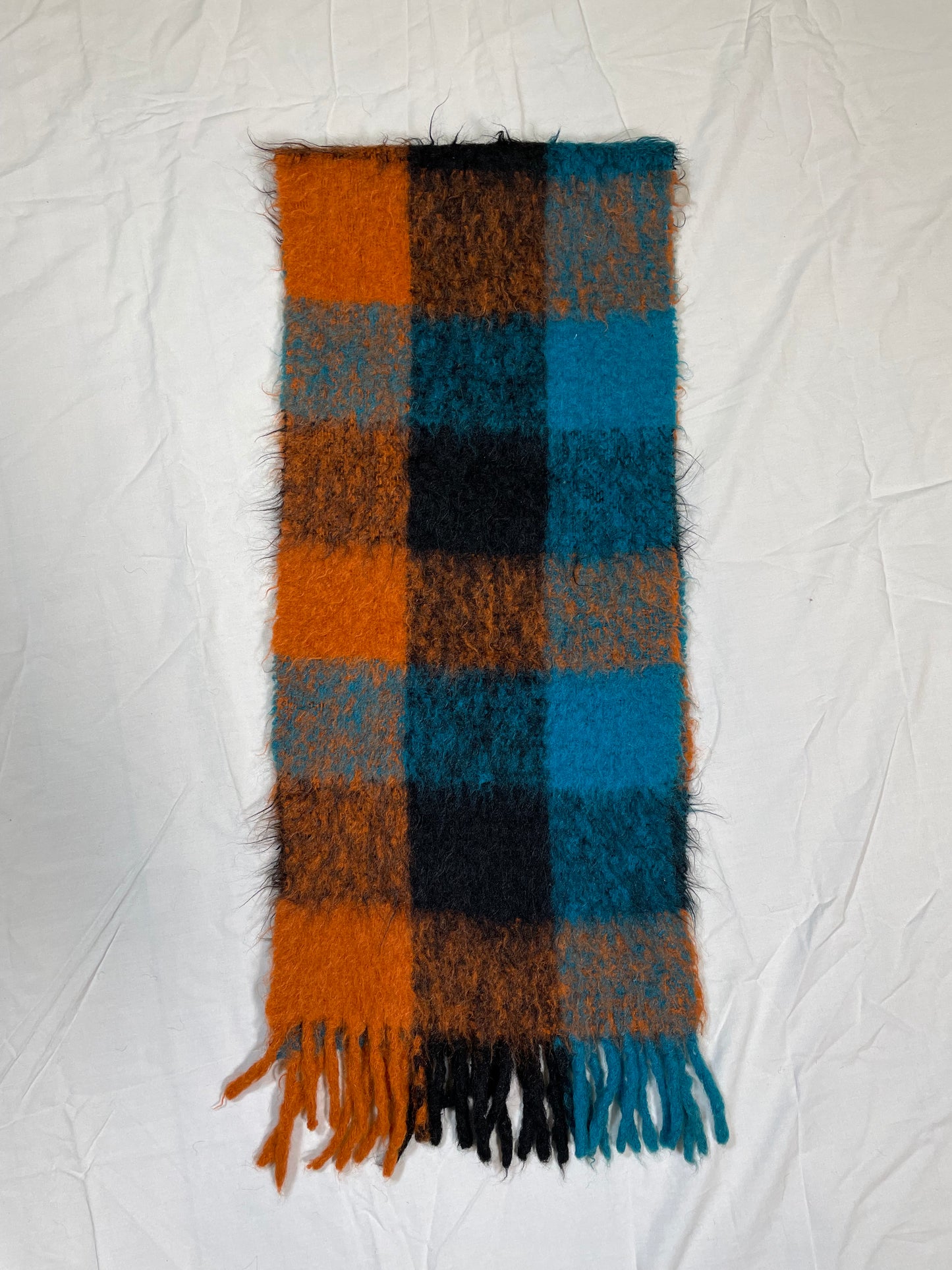 1970's Blue & Orange Plaid Mohair Scarf