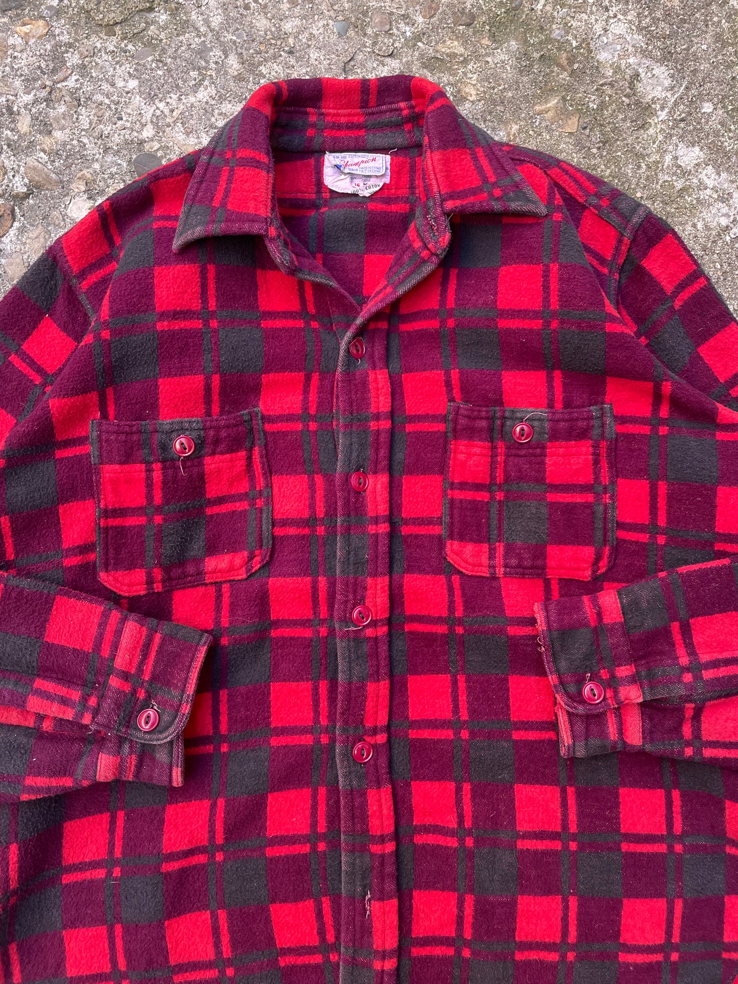 1970's Champion Cotton Plaid Flannel Button Up Shirt - L