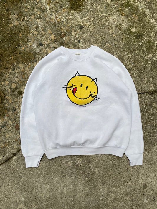 1990's Cat Smiley Face Graphic Crewneck Sweatshirt - L