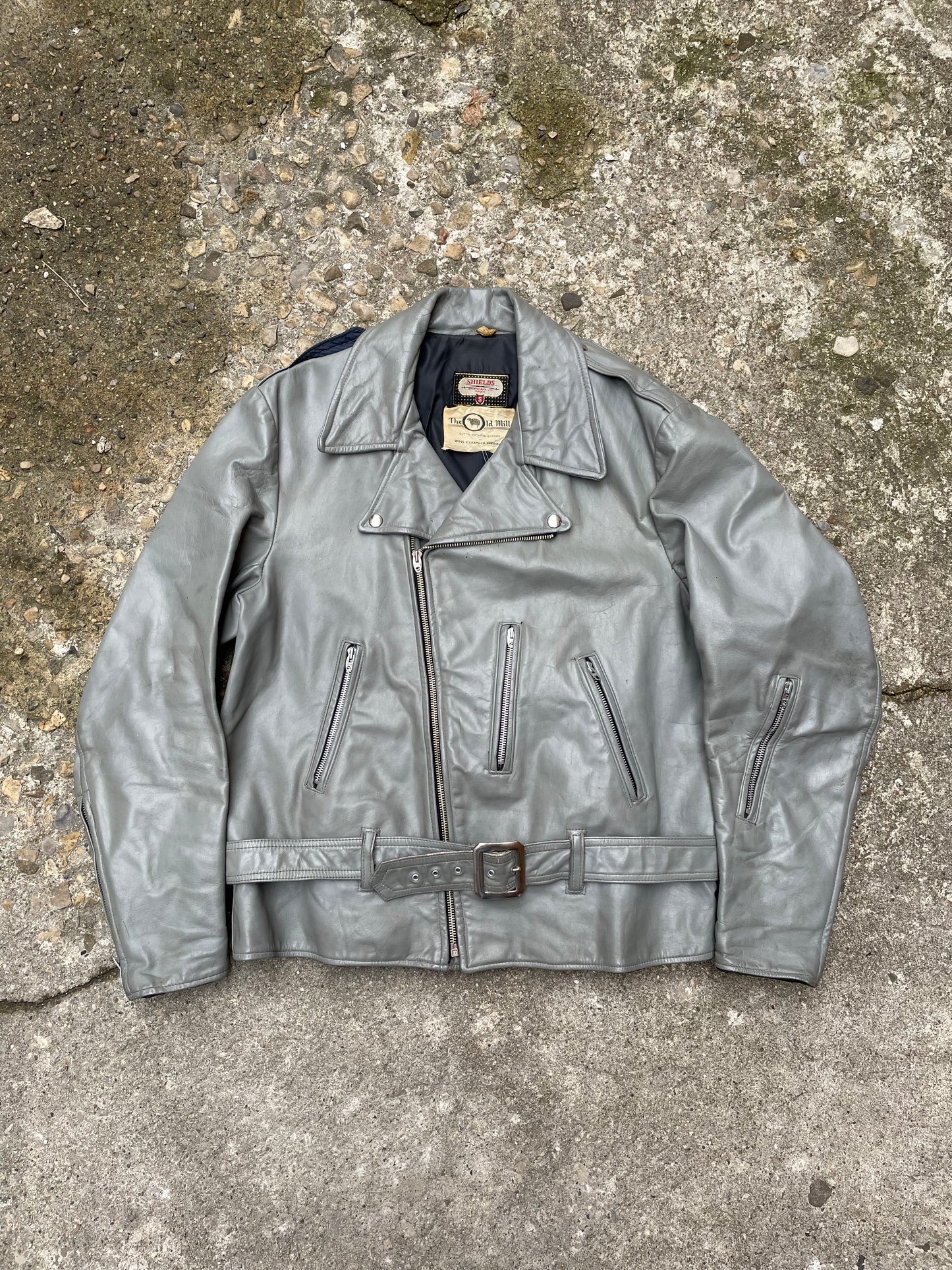 1960's Shields Gray Leather Belted Motorcycle Jacket - L