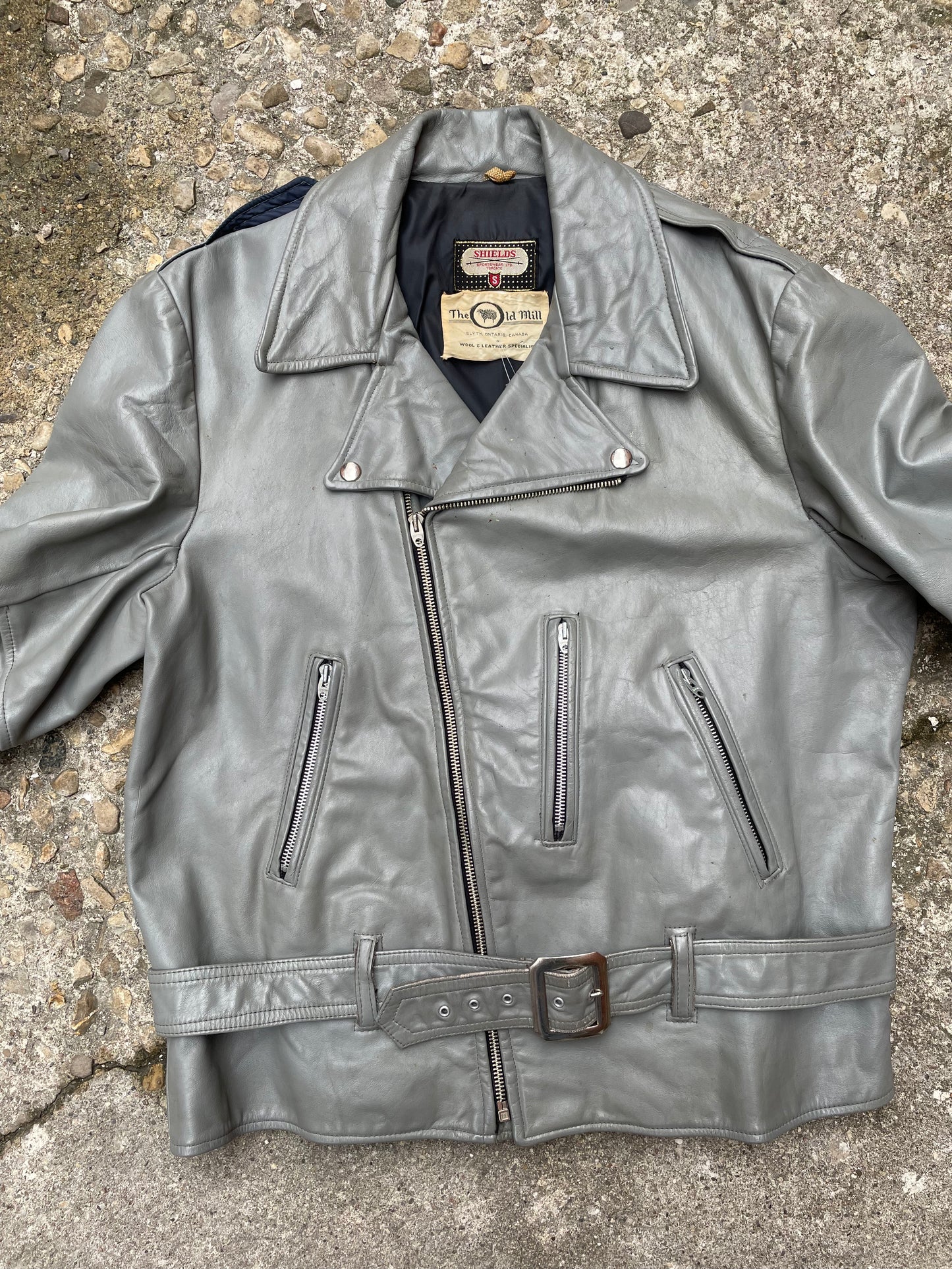 1960's Shields Gray Leather Belted Motorcycle Jacket - L