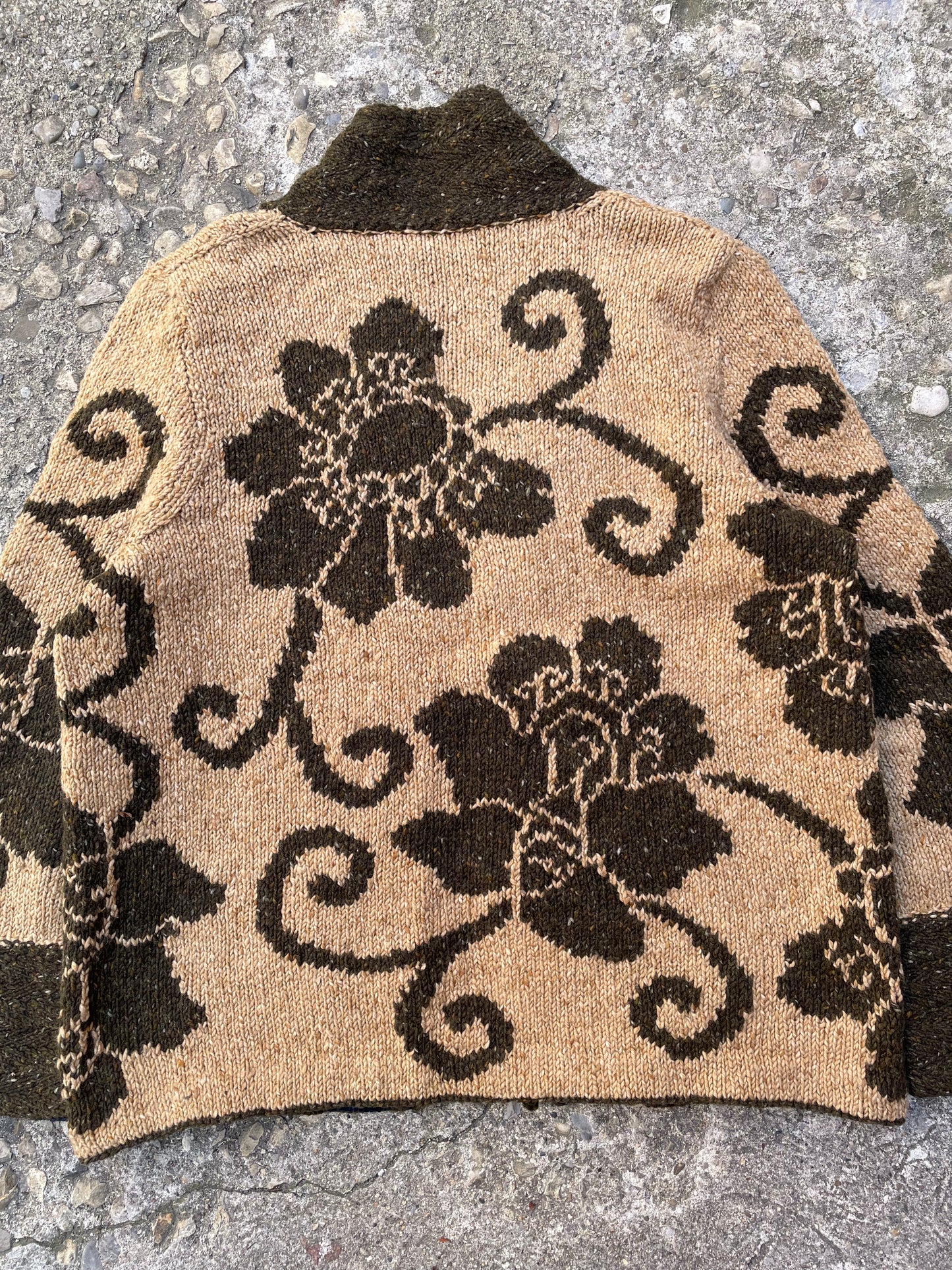Hand Knit Floral Intarsia Cardigan Sweater - L