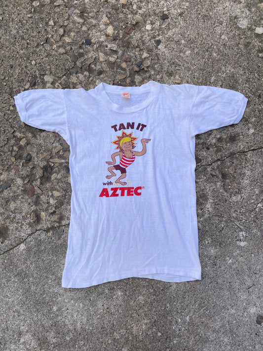 1960's 'Tan It' Aztec Sun Tan Lotion Graphic Ringer T-Shirt - S
